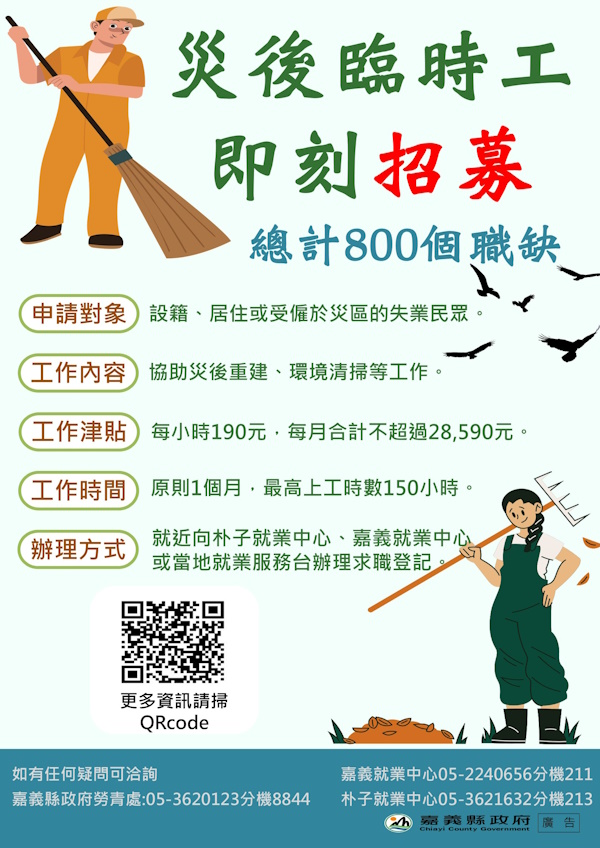 投入災後復原、支持災區鄉親就業 嘉義縣府釋出800個臨時職缺