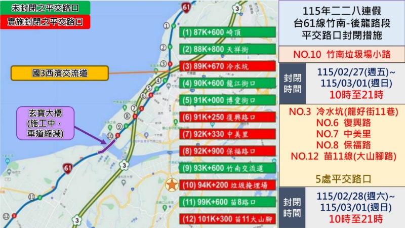 二二八連假台61線西濱竹南-後龍段交通管制      6處路口機動封閉