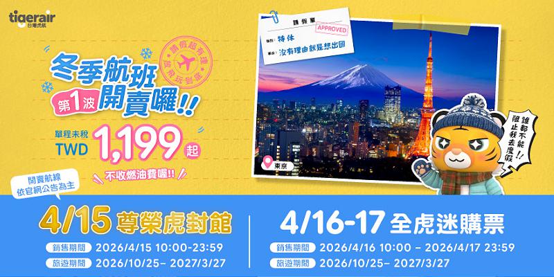 台灣虎航2026冬季航班開賣 尊榮虎會員下週三優先搶購