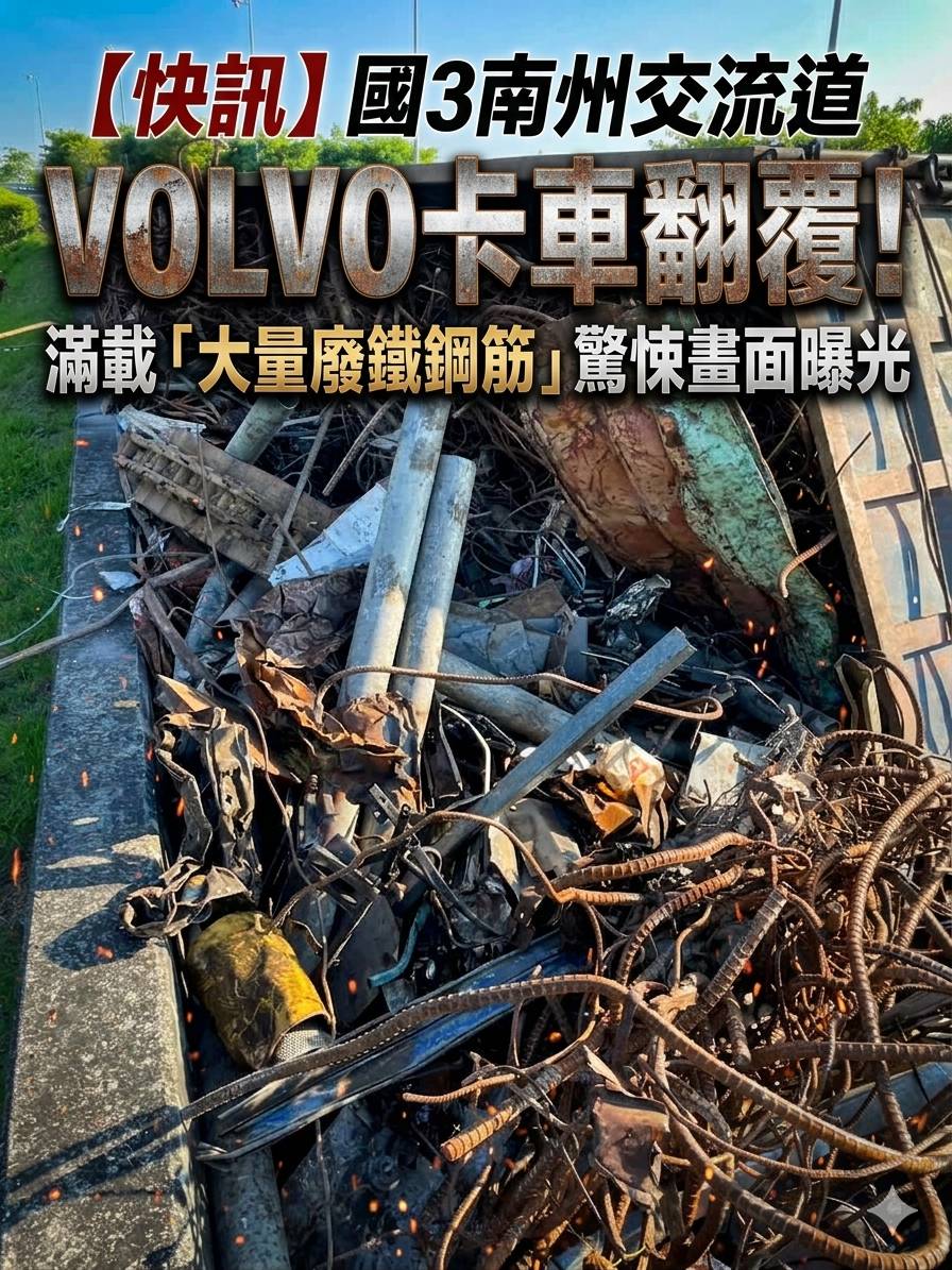  ​​國3南州交流道大貨車翻覆  滿載廢鐵鋼筋散落一地 