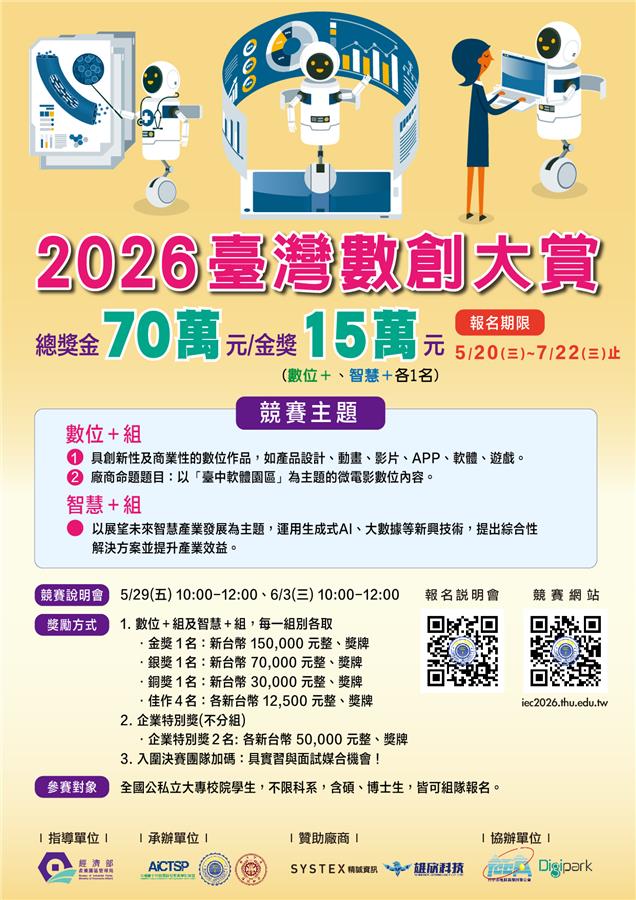 數位創新競賽啟動　 2026臺灣數創大賞徵件總獎金70萬元