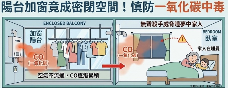 陽台不通風恐釀一氧化碳中毒　      醫提醒防範「無聲殺手」掌握4重點