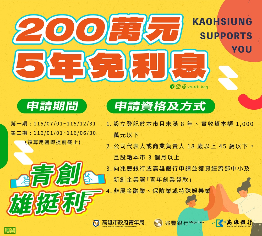 青創神隊友 「雄挺利」貸款利息補貼7/1開跑！