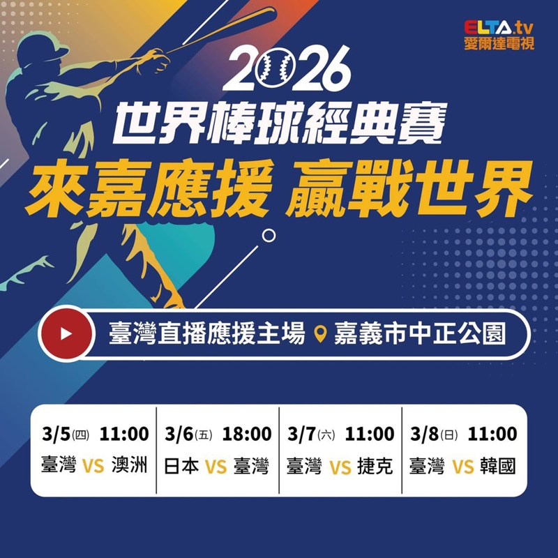 「來嘉應援 贏戰世界」2026世界棒球經典賽 3/5起中正公園熱血轉播