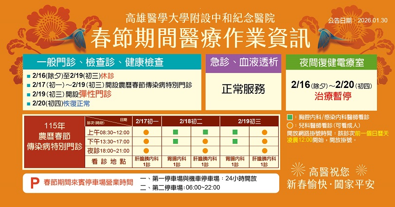 春節期間醫療服務不中斷 高醫加開彈性門診與傳染病特別門診 守護民眾健康