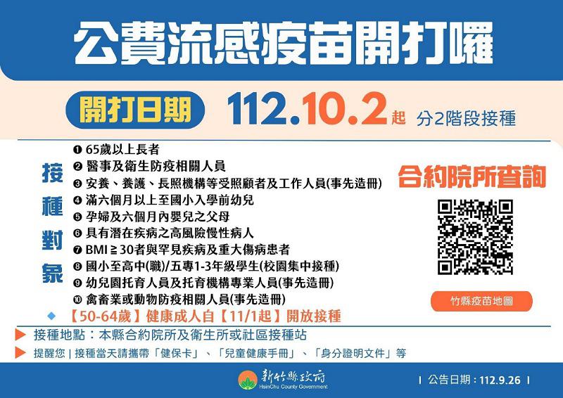 公費流感疫苗10月2日開打   竹縣中小學教職員工免費接種