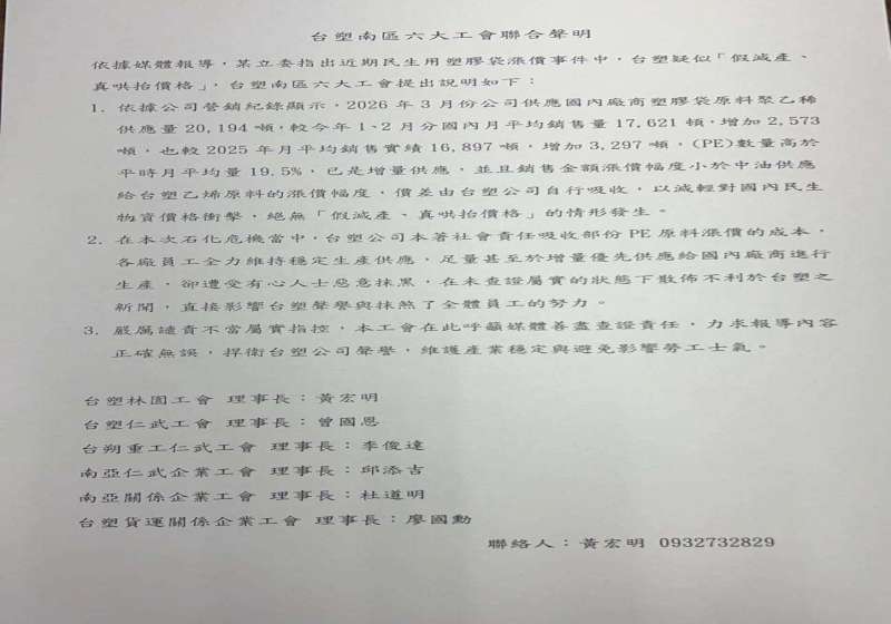 美伊戰事牽動塑膠減產台塑遭疑囤貨抬價 6工會提營銷紀錄自清籲媒體善盡查證責任