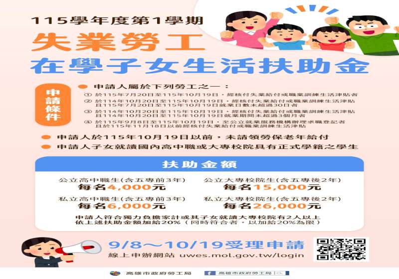 高市勞工局115學年度第1學期失業勞工子女生活扶助金 受理郵寄上網申請