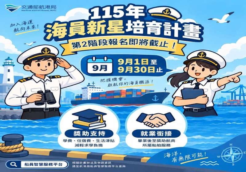 交通部航港局115年海員新星培育計畫二階遴選起跑 獲8航商響應釋出名額