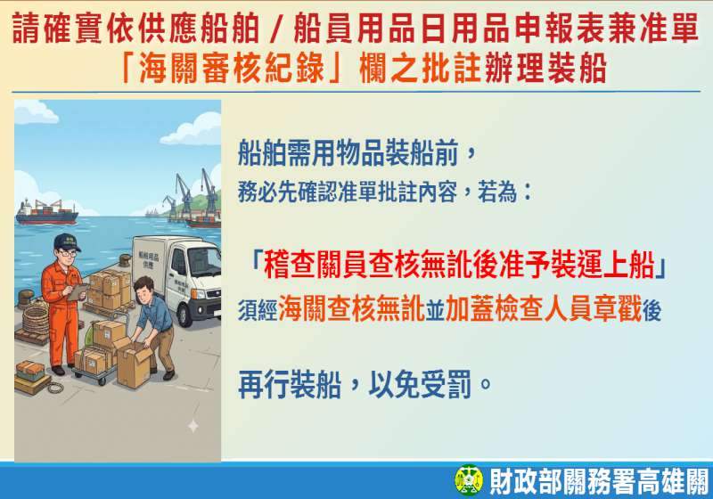 高雄關提醒進出口業者留意用品申報表兼准單 依規定須由海關人員查核無誤蓋章