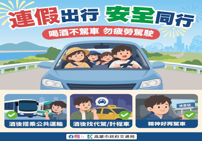 10月9日至11日國慶連假 高市交通局提醒酒後吸毒疲勞勿駕車免受罰