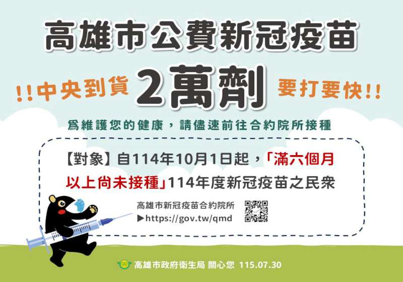 新冠肺炎疫情升溫 高市衛生局爭取配發2萬劑疫苗籲高風險族群速接種