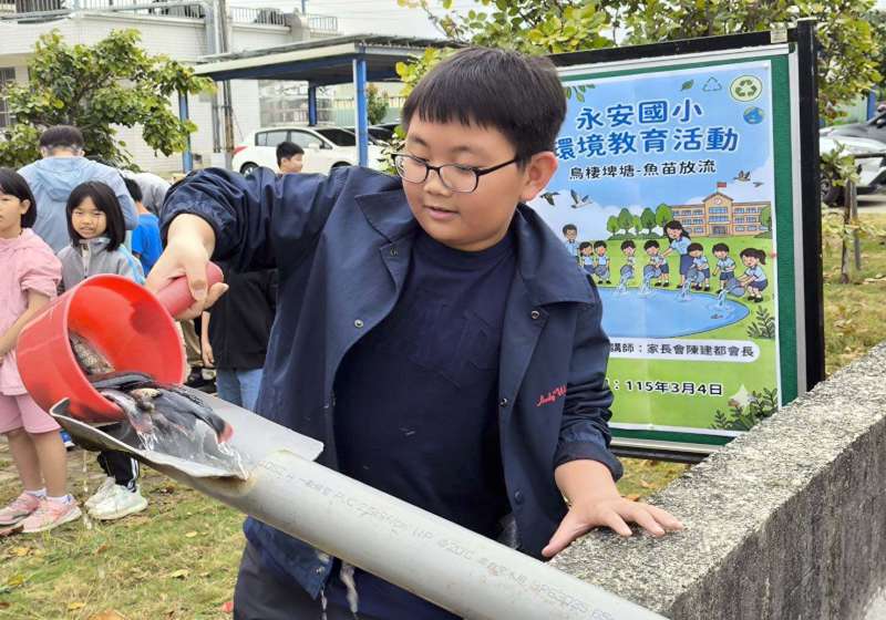 高市永安區永安國小親師生活化廢棄魚塭 放養魚苗防治病媒蚊孳生供應鳥類食源